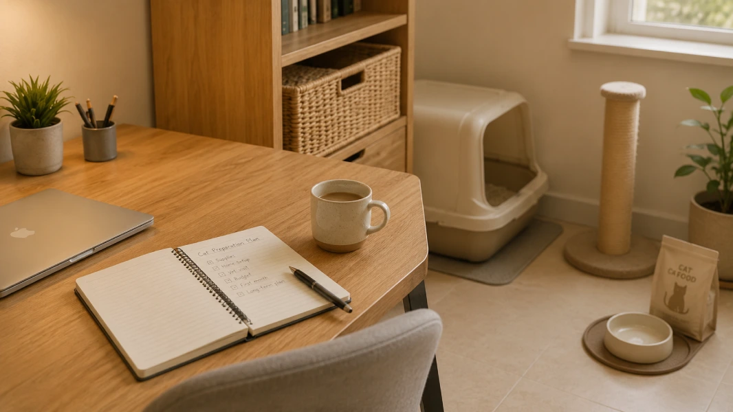A person reviewing notes or a checklist at a home desk while cat supplies are visible nearby, showing the planning phase before a new cat arrives