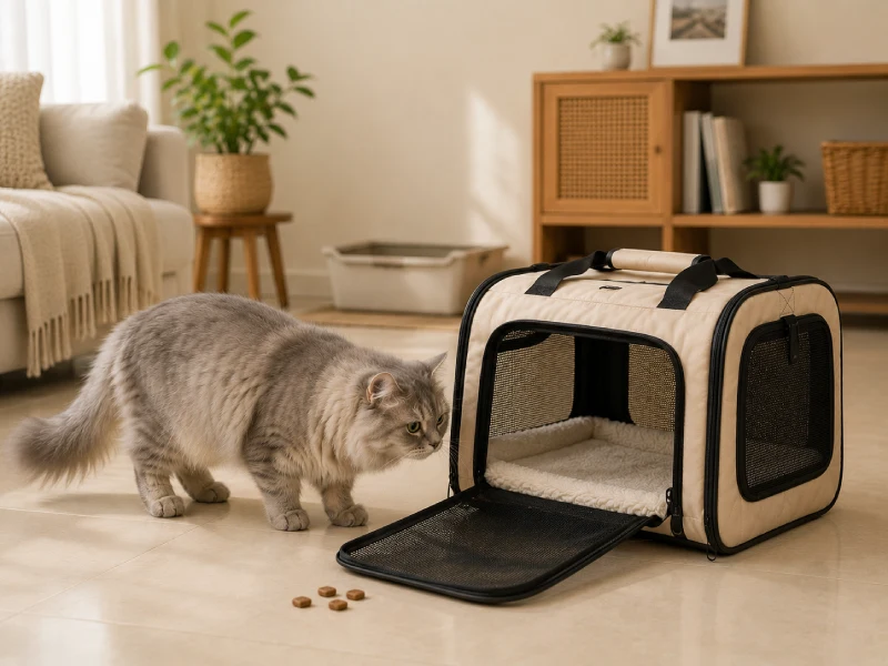 An open cat carrier placed on the floor of a home living area, with the door open and a piece of fabric inside, making it accessible for a cat to explore at their own pace