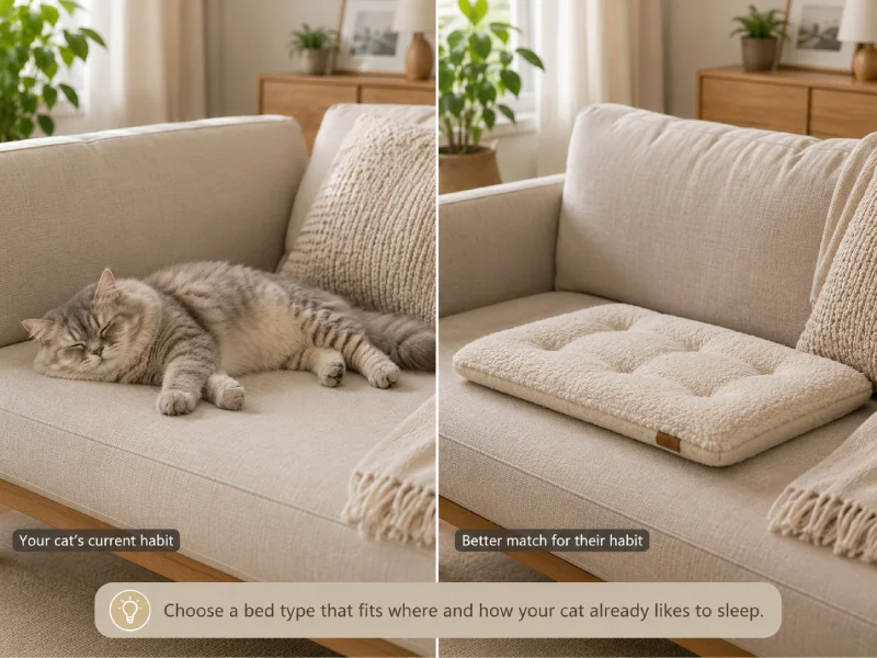 Left: a cat sleeping stretched out on a sofa rather than in its bed. Right: an open flat cushion placed on the same sofa surface where the cat prefers to rest.