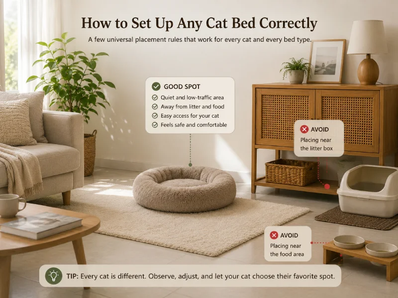 A cat bed placed in a quiet corner of a room, away from the litter box and food bowls, with clear access space on at least two sides