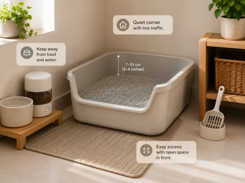 A properly filled cat litter box placed in a quiet corner of a room, with adequate litter depth and clear access space in front