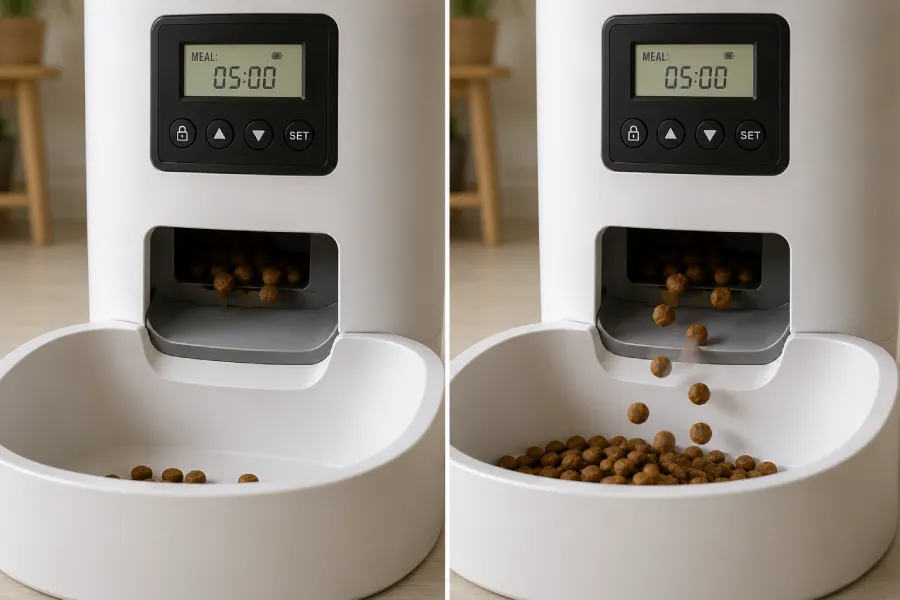 Left: a cat feeder dispensing mechanism jammed with oversized kibble. Right: the same mechanism dispensing correctly with appropriately sized kibble flowing into the bowl below.