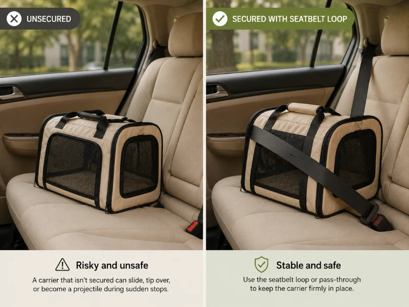 Left: a soft-sided cat carrier sitting unsecured on a car seat. Right: the same carrier type secured to the car seat with a seatbelt loop through the carrier's strap.