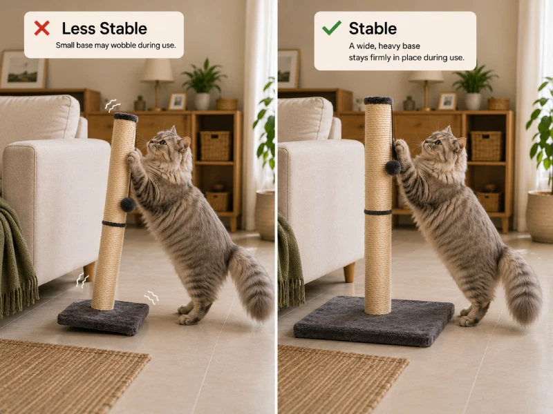 Left: a tall cat scratching post with a narrow, lightweight base showing instability. Right: a cat using a scratching post with a wide, weighted base that remains stable under full scratching pressure.