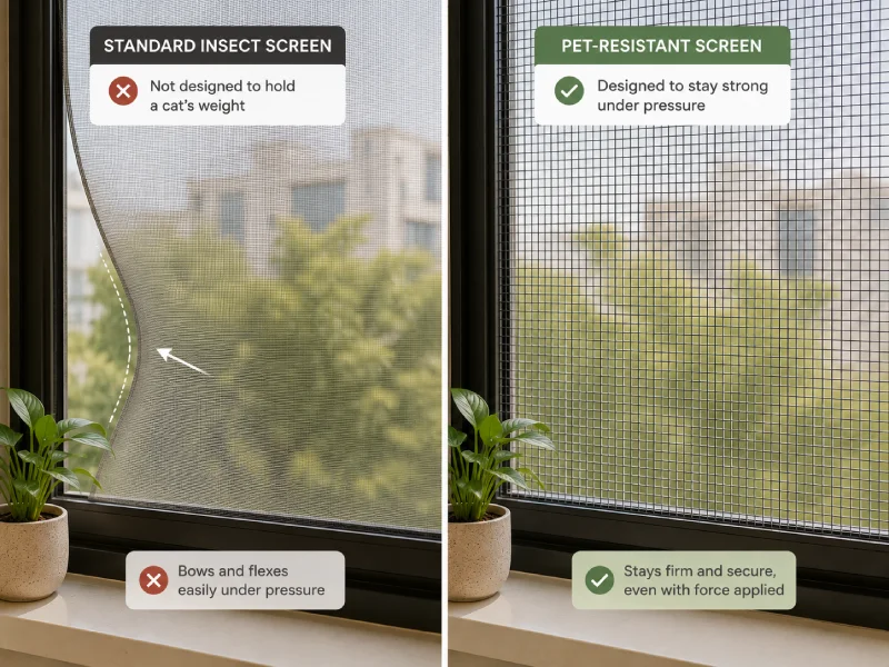 Left: a standard window screen bowing inward under hand pressure, showing it cannot hold a cat's weight. Right: a reinforced metal mesh screen remaining completely firm under the same pressure.