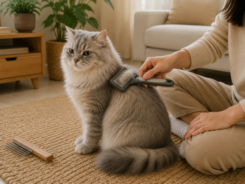 A person using a slicker brush on a long-haired cat, with a wide-tooth comb visible nearby, showing the two-tool grooming sequence for long coats